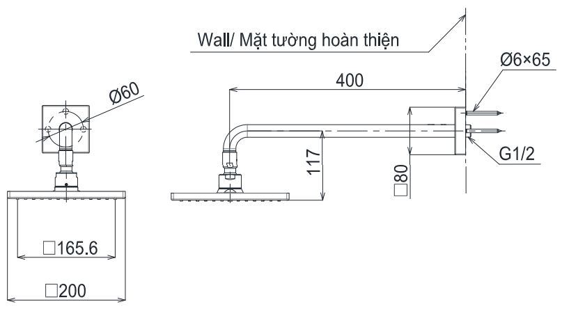 Bản vẽ bát sen tắm TBW 08001A TOTO gắn tường 200 mm
