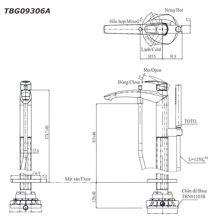 ảnh 2d bộ vòi xả bồn tắm TBG09306A/TBN01105B kèm sen tắm GM
