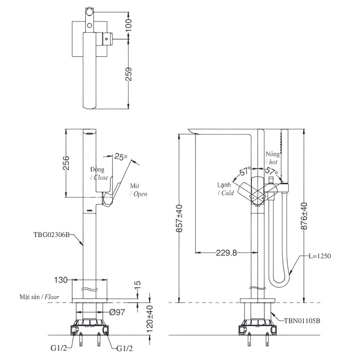 ảnh 2d vòi xả bồn tắm TBG02306B/TBN01105B kèm sen tắm GR