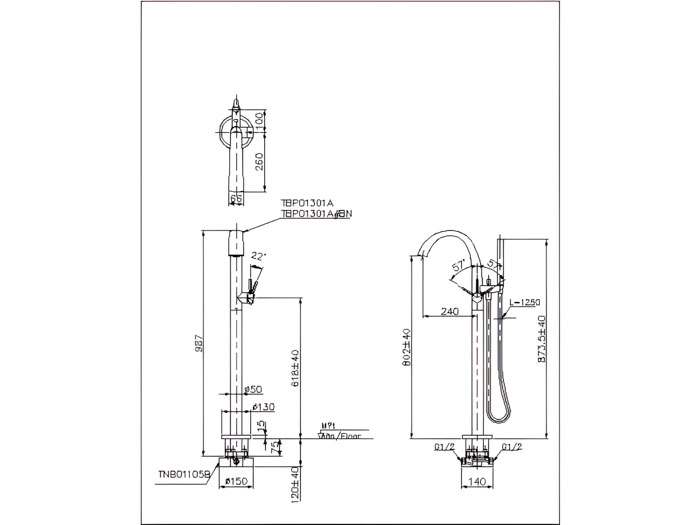 ảnh 2d vòi xả bồn tắm TBP01301A/TBN01105B đặt sàn