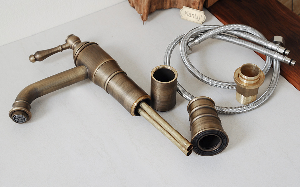 Vòi lavabo nóng lạnh bằng đồng thau giả cổ, cổ điển