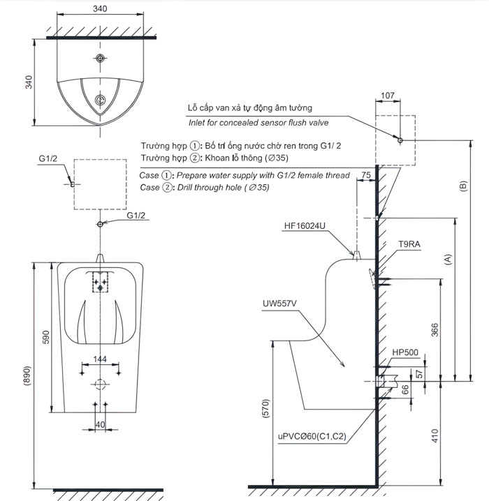 ảnh 2d bồn tiểu nam treo tường UT557T