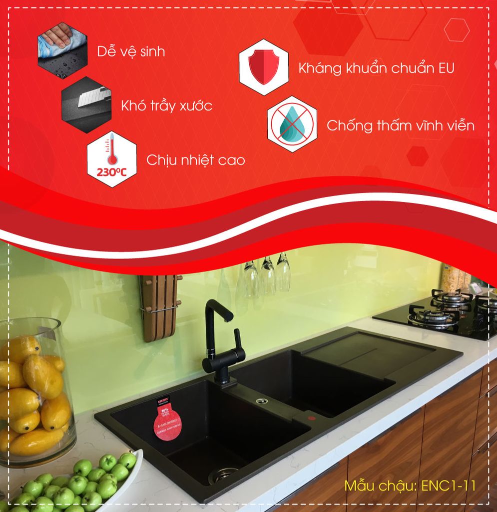 Chậu rửa chén đá granite 2 hố có cánh Carysil ENC1