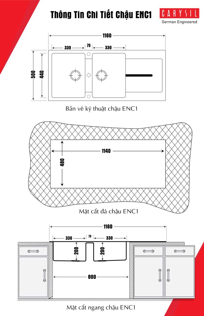 Chậu rửa chén đá granite 2 hố có cánh Carysil ENC1