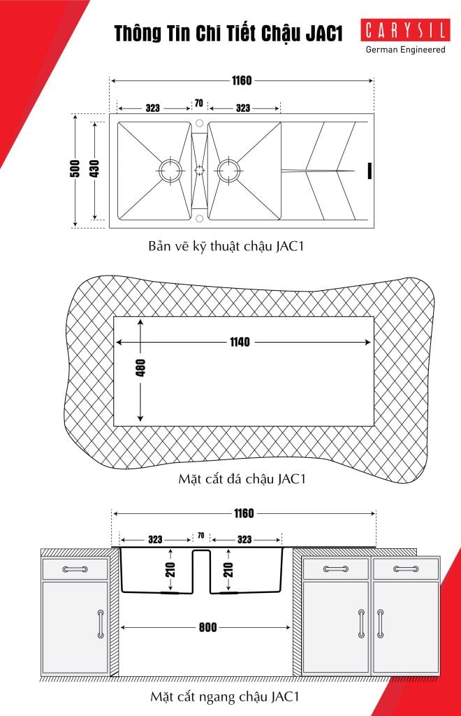 kích thước chậu rửa chén đá 2 hố Carysil JAC1