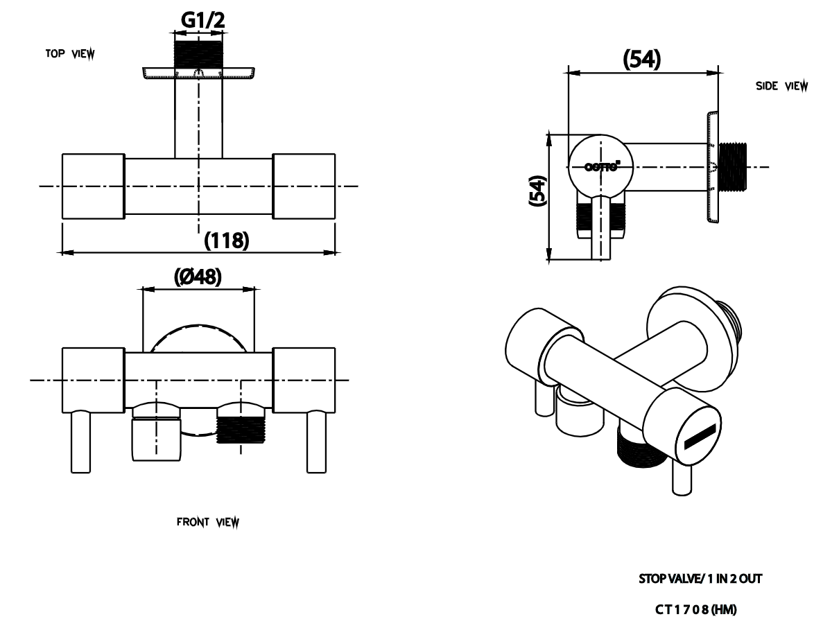 CT1708(HM) วาล์วเปิด-ปิดน้ำเข้า 1 ออก 2 (สำหรับฝักบัวสายอ่อนและล้าง