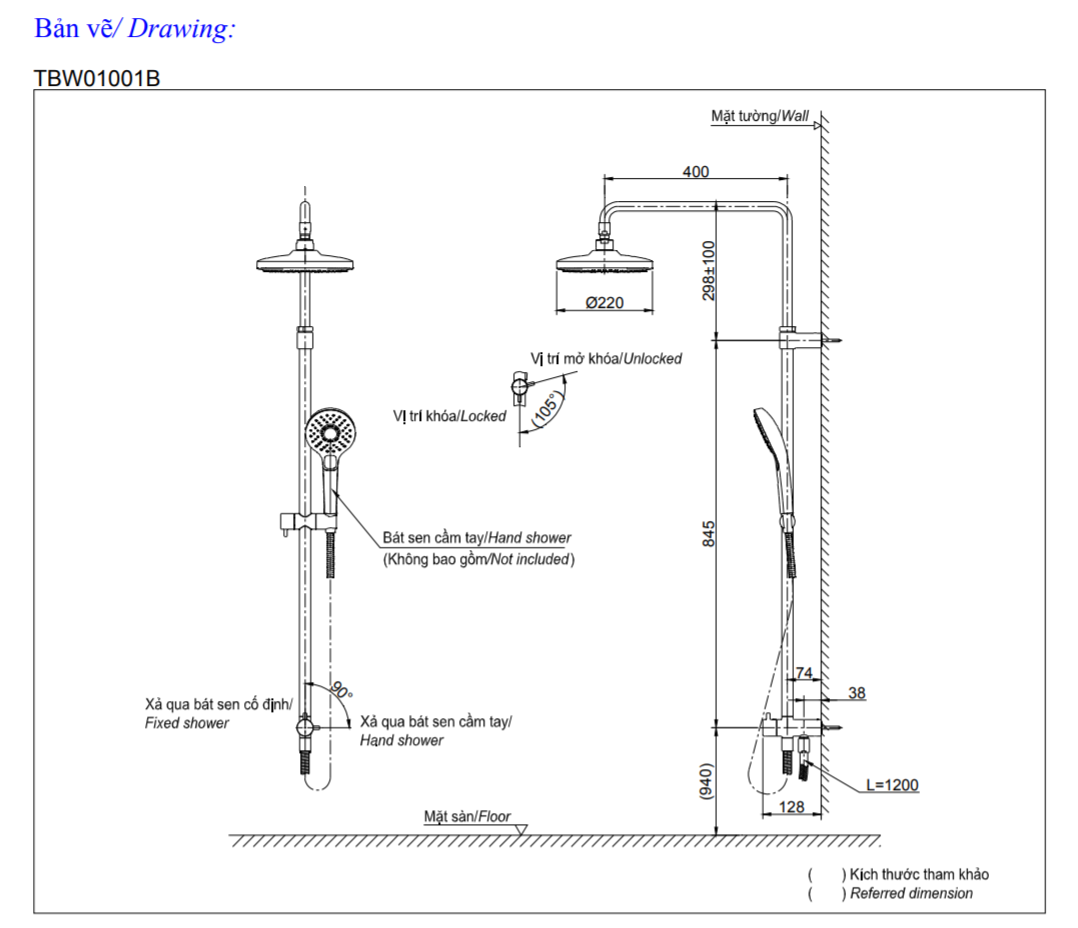 Bộ sen cây tắm TOTO TBW01001B-TBS01302V-TBW01008A