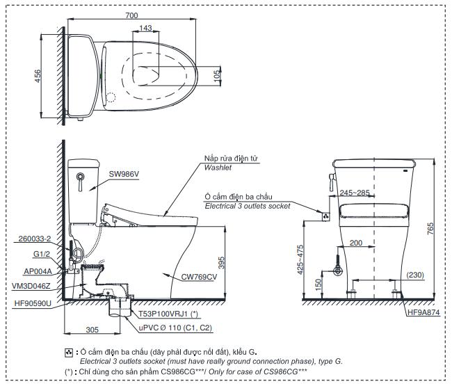 Bồn Cầu Hai Khối TOTO CS986GT8 Nắp TC600VS