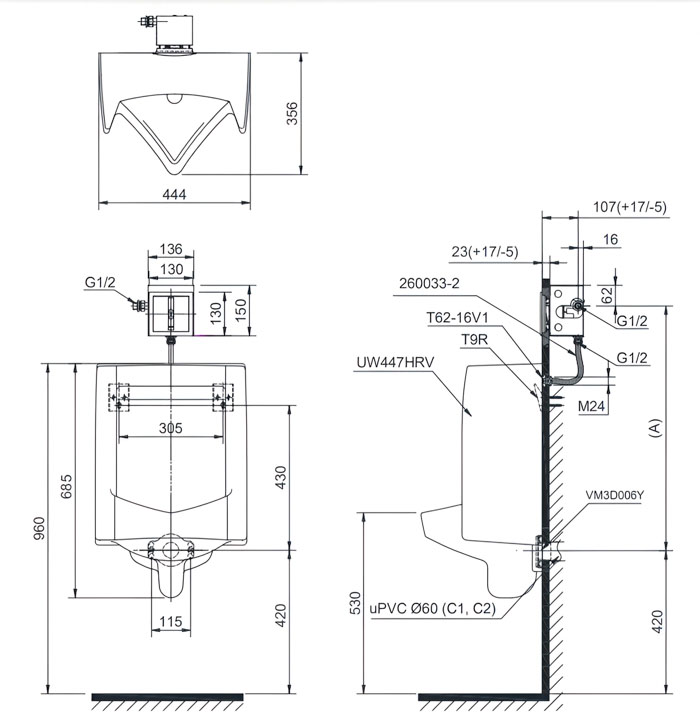 ảnh 2d bệ tiểu nam treo tường tự động UT447HR