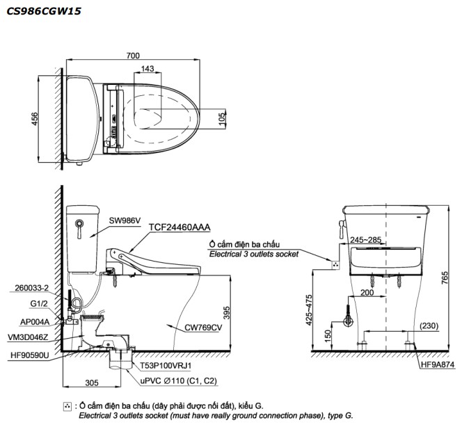 Bồn Cầu 2 Khối Nắp Rửa Điện Tử TOTO CS986CGW15#XW - Thiết bị vệ sinh TOTO  chính hãng, giá tốt tại Hà Nội