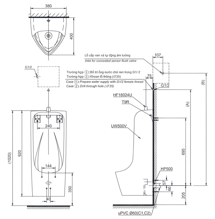 ảnh 2d bồn tiểu nam treo tường UT500T