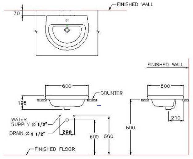Bản vẽ kích thước chậu lavabo Cotto C 05847