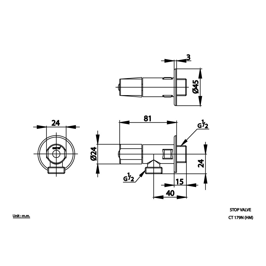 Bản vẽ kích thước van khóa Cotto CT179N HM