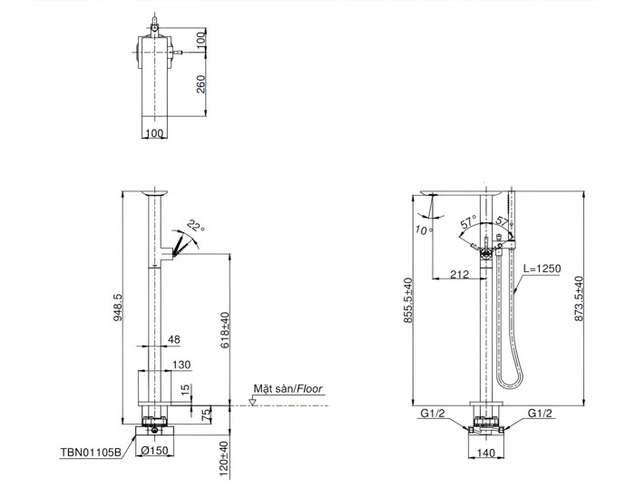 ảnh 2d vòi bồn tắm nằm TBP02303A/TBN01105B kèm sen tắm ZL