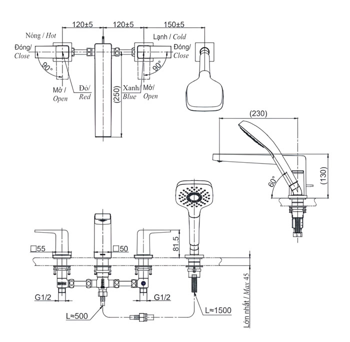 ảnh 2d vòi nóng lạnh bồn tắm nằm TBG10202A kèm sen tắm GB 4 lỗ