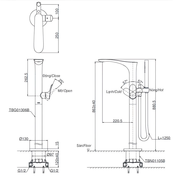 ảnh 2d vòi xả bồn tắm TBG01306B/TBN01105B kèm sen tắm GO