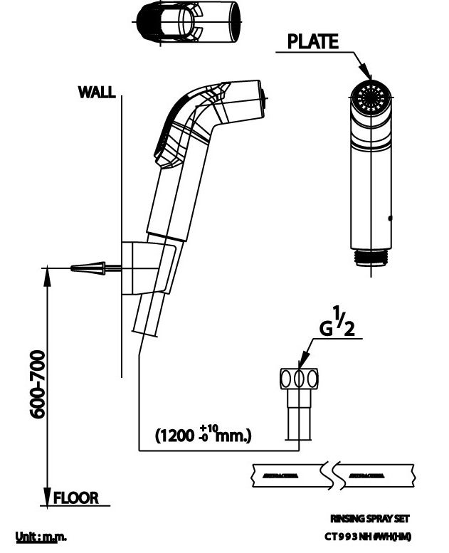 Bản vẽ kích thước vòi toilet cotto CT993NH#WH(HM)