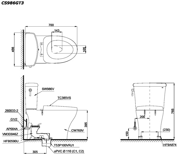 Bồn cầu 2 khối TOTO CS986GT3 xả tay gạt hai chế độ