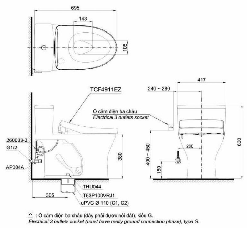 Hình vẽ 2D bệt vệ sinh một khối kèm nắp rửa bồn cầu điện tử TTOTO WASHLET
