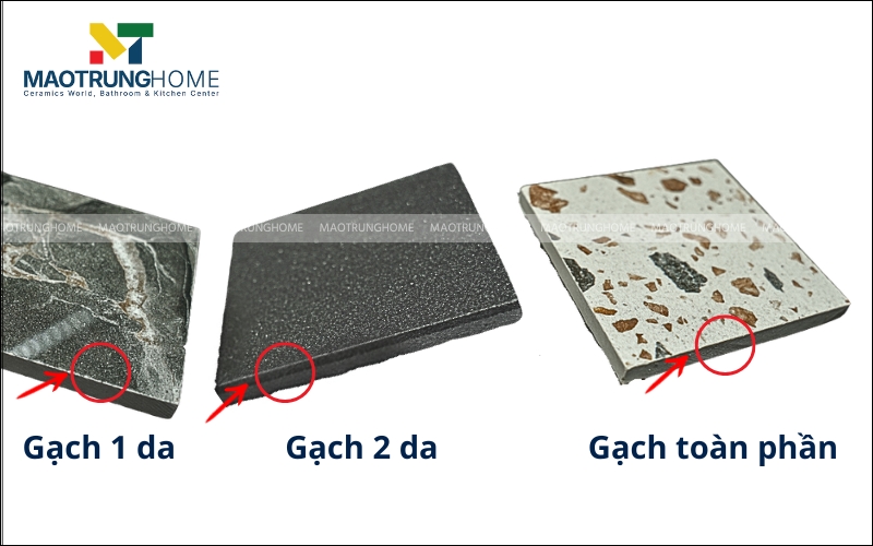So sánh mặt cắt của 3 loại gạch: 1 da, 2 da và toàn phần