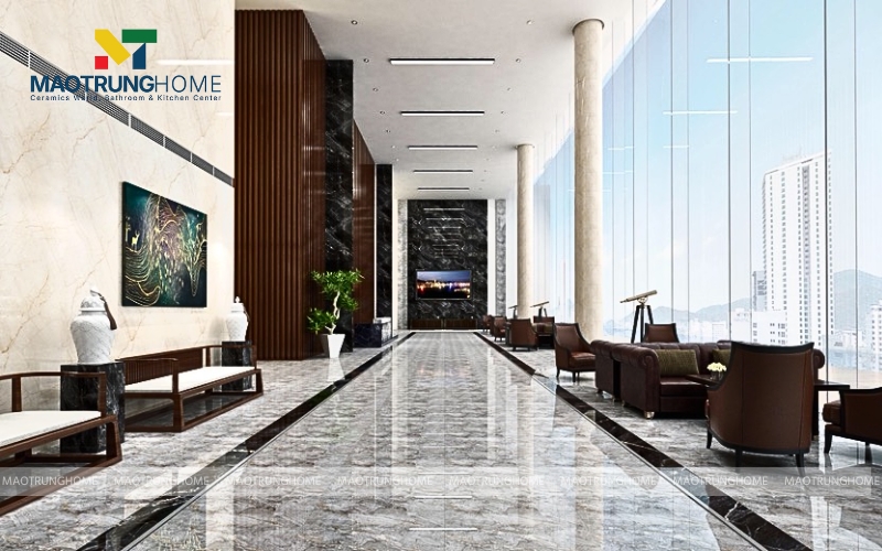 Sảnh trung tâm thương mại lát gạch bóng kiếng toàn phần