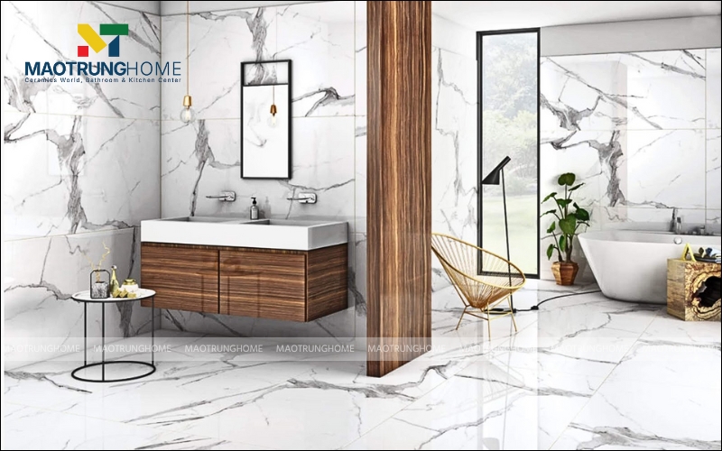 Phòng tắm hiện đại sử dụng gạch Porcelain vân đá