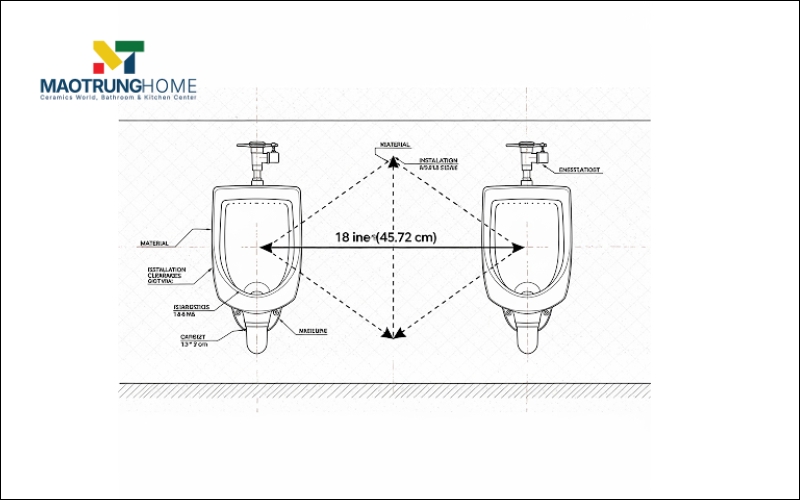Bản vẽ kỹ thuật minh họa cách đo khoảng cách từ tâm bồn tiểu này đến tâm bồn tiểu kia