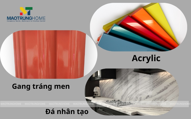 Bề mặt của 3 loại chất liệu: Acrylic, Gang tráng men và Đá nhân tạo