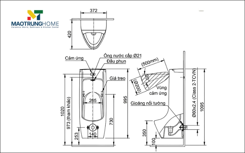 Bản vẽ kỹ thuật đơn giản thể hiện vị trí và chiều cao của đường cấp nước và ống thoát