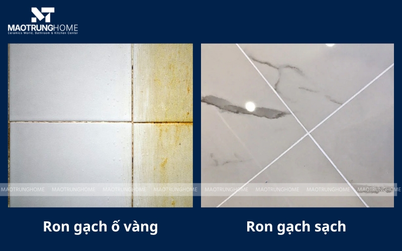 So sánh giữa bề mặt gạch có ron ố vàng và ron sạch 