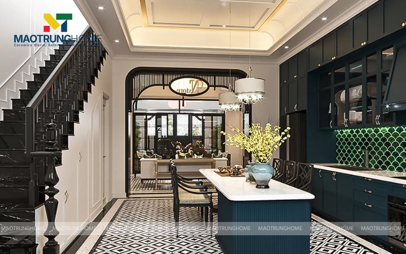 Không gian bếp phong cách Indochine sử dụng gạch Đồng Tâm