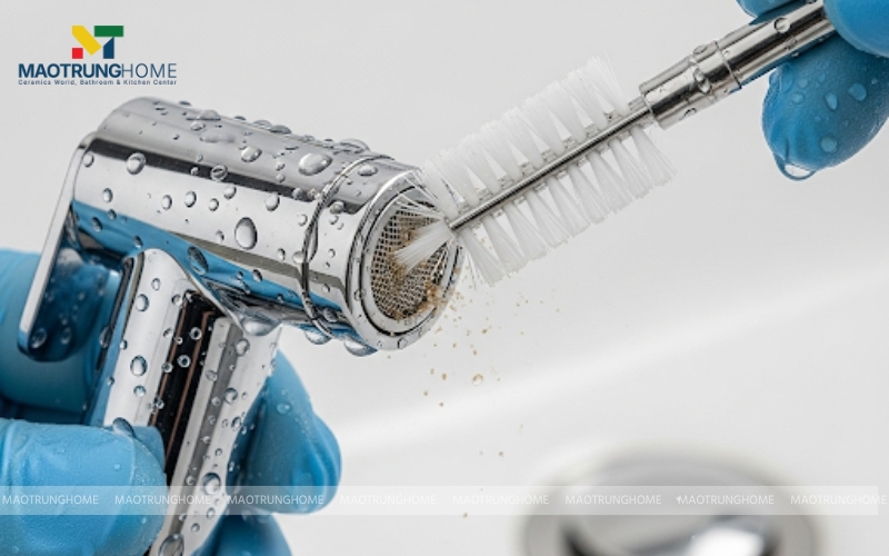 Dùng bàn chải nhỏ để vệ sinh lưới lọc ở đầu vòi xịt